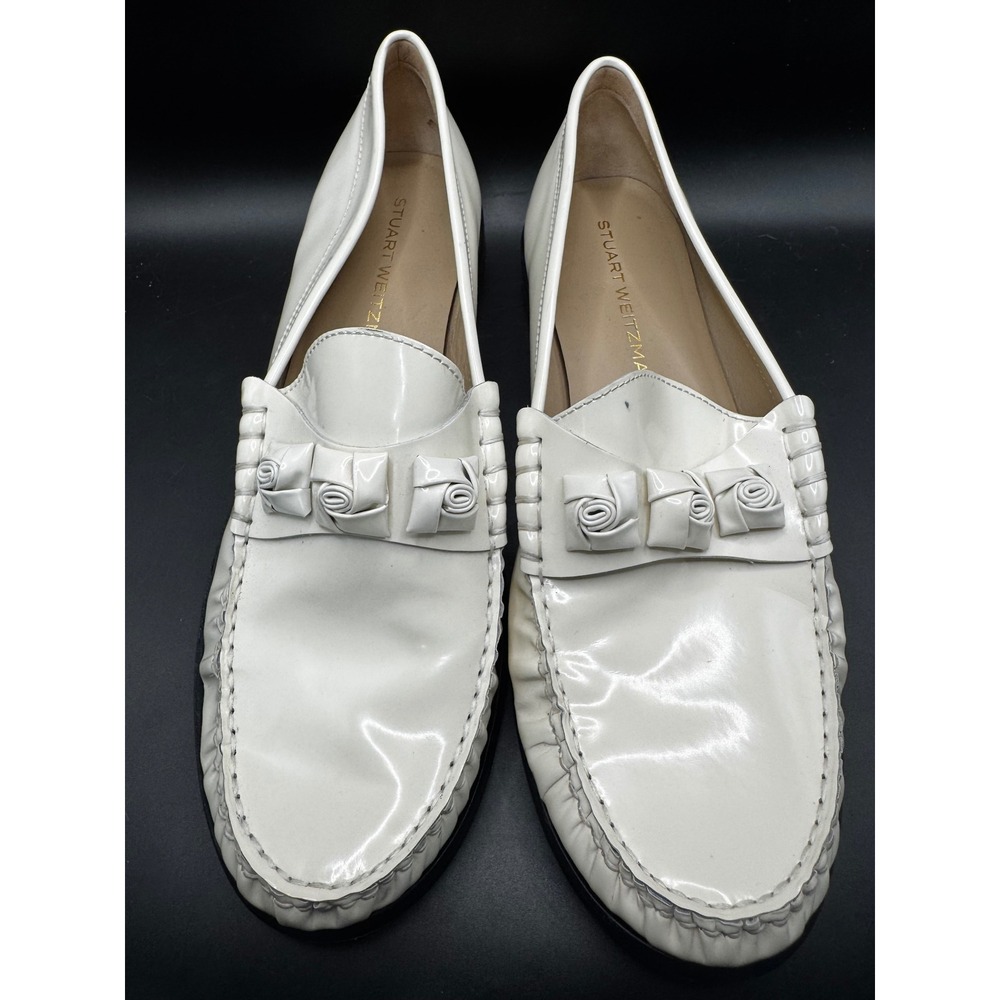 Stuart Weitzman White Patent Leather Rosette Loafers Moc Toe Shoes